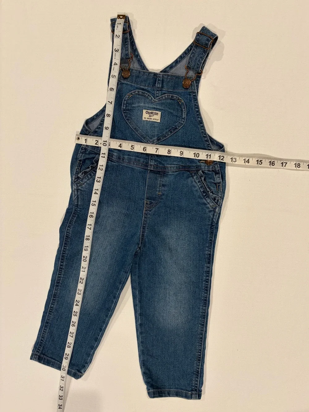 OshKosh Overalls Little Girls Denim Toddler 3T Heart Bib Pocket Ruffle Trim